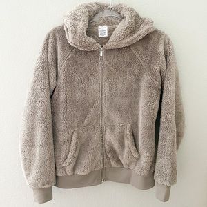 HSN Shadow Sport Full Zip Faux Sherpa Hoodie Taupe Small